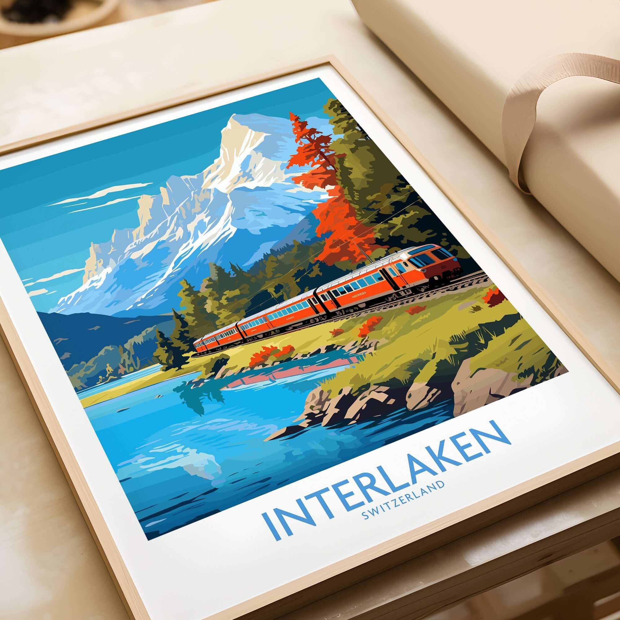 Interlaken Poster Switzerland featuring a train traveling through stunning mountain scenery.