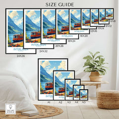 Interlaken Travel Poster size guide showcasing various dimensions and design featuring iconic train and landscapes.