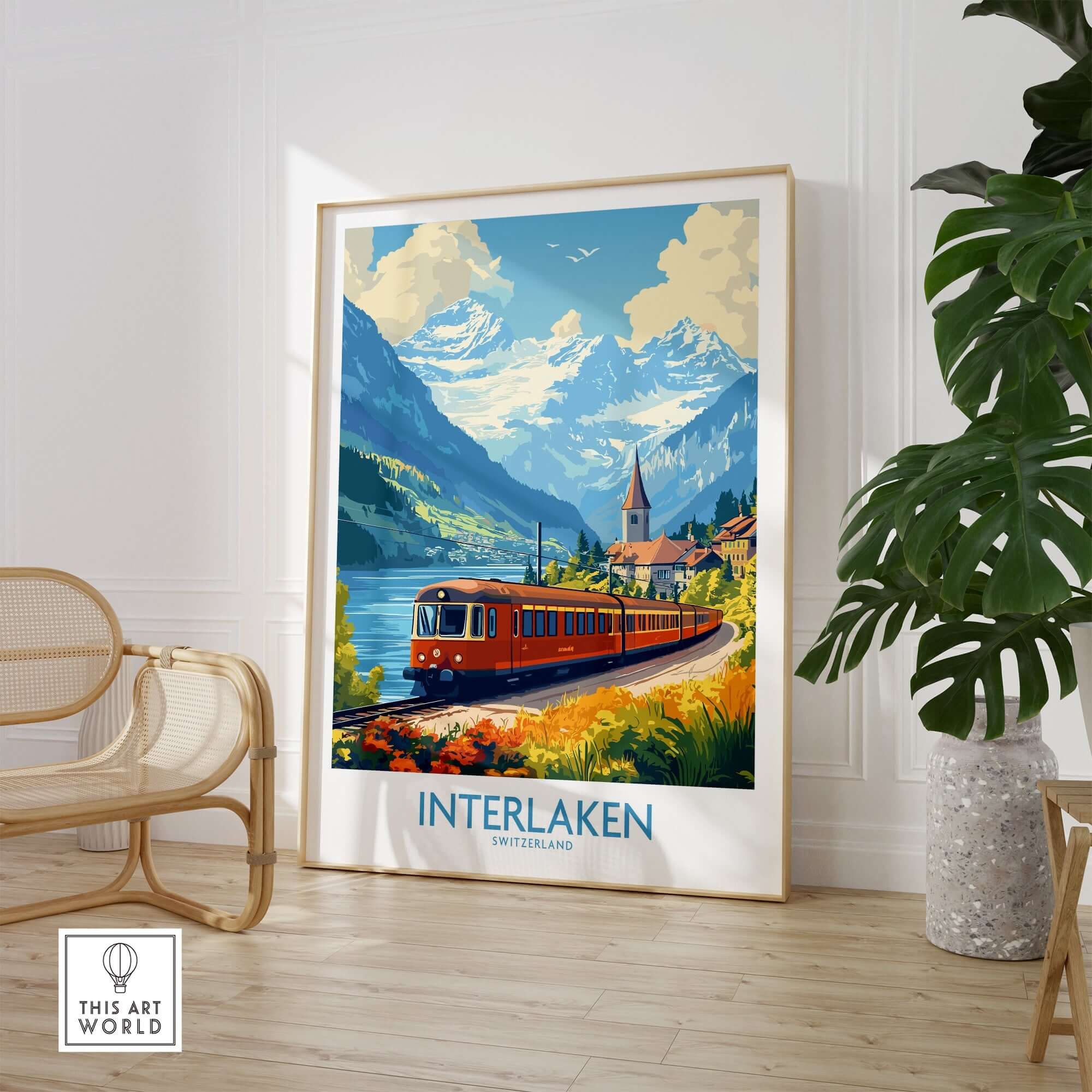 Interlaken Travel Poster featuring a scenic train and mountains in Switzerland, perfect for inspiring travel adventure.