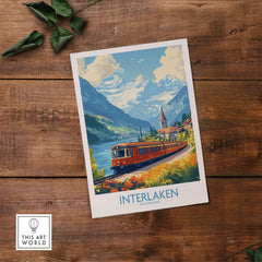 Interlaken Travel Poster depicting a scenic train journey with mountains and colorful landscapes in Switzerland.