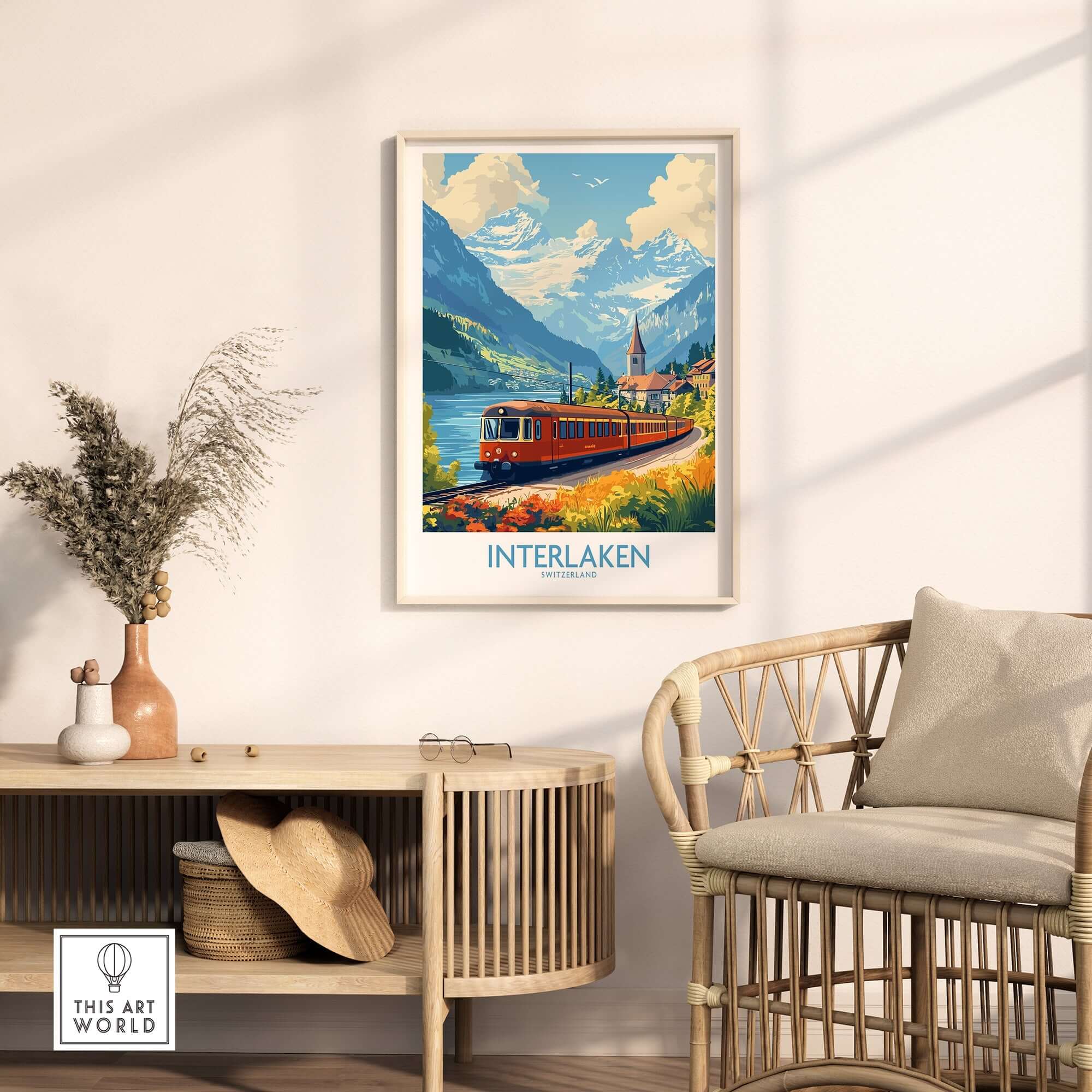 Interlaken Travel Poster showcasing a train amidst stunning Swiss landscapes in a cozy home setting.
