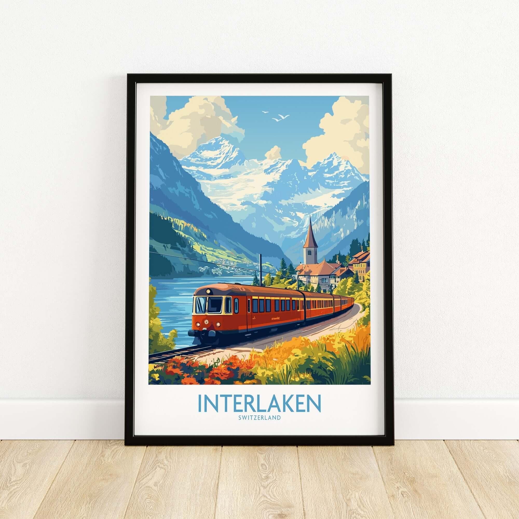 Interlaken Travel Poster showcasing vibrant train surrounded by Swiss landscapes and mountains.