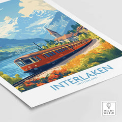 Interlaken Travel Poster showcasing a vibrant train against picturesque Swiss landscapes.