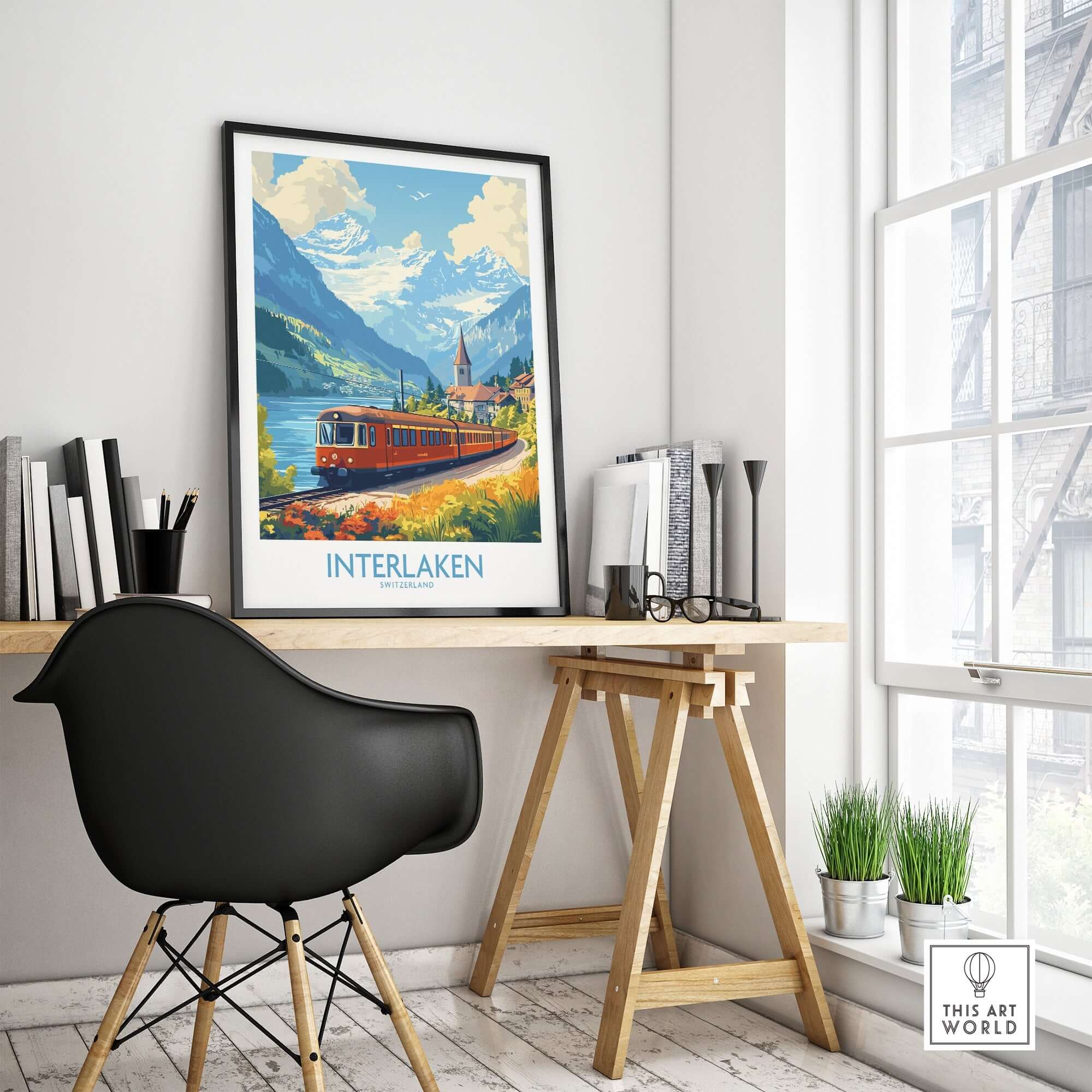 Interlaken Travel Poster showcasing a scenic Swiss landscape with a train, ideal for home decor and travel inspiration.
