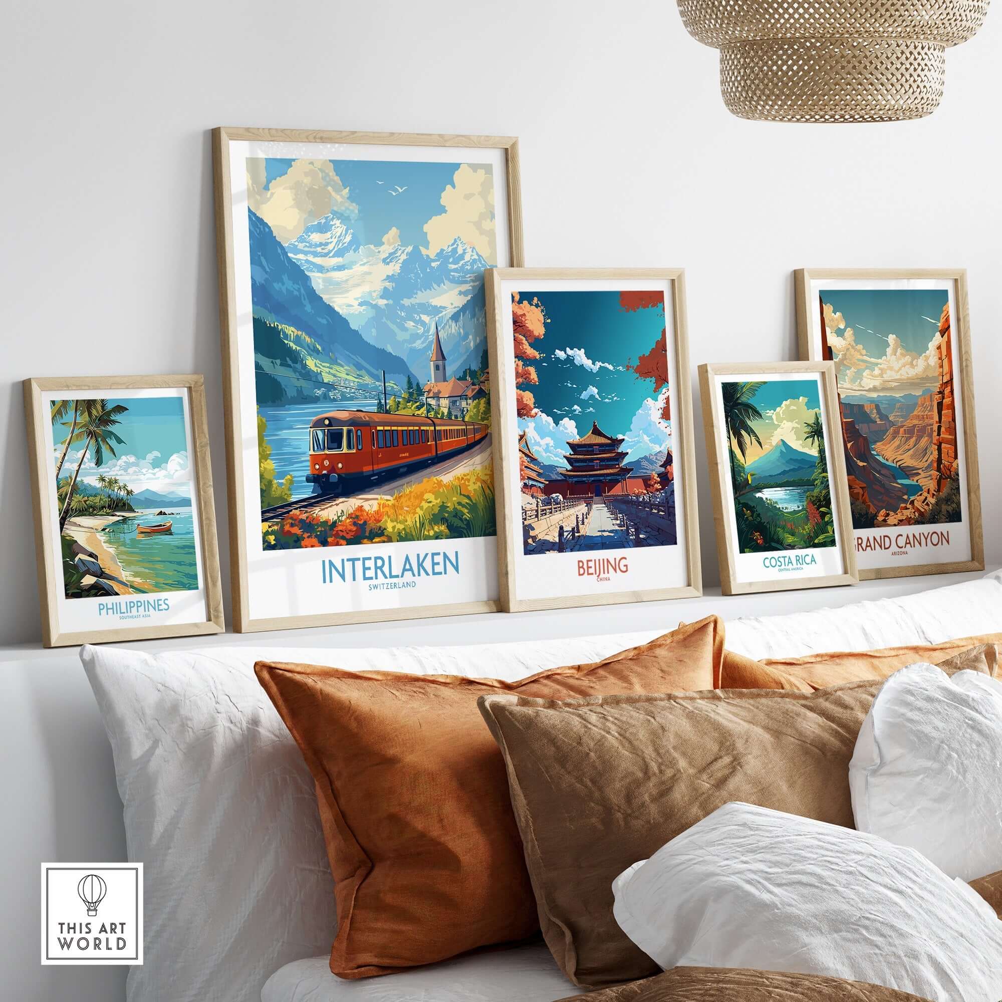 Interlaken Travel Poster framed on a wall with other travel posters highlighting beautiful landscapes.
