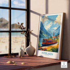 Interlaken Travel Poster featuring a scenic train journey through Swiss mountains and lakes.