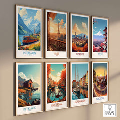 Interlaken Travel Poster among vibrant travel art prints featuring iconic global landmarks.