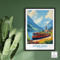 Interlaken Travel Poster showcasing a vibrant train against picturesque Swiss landscapes.
