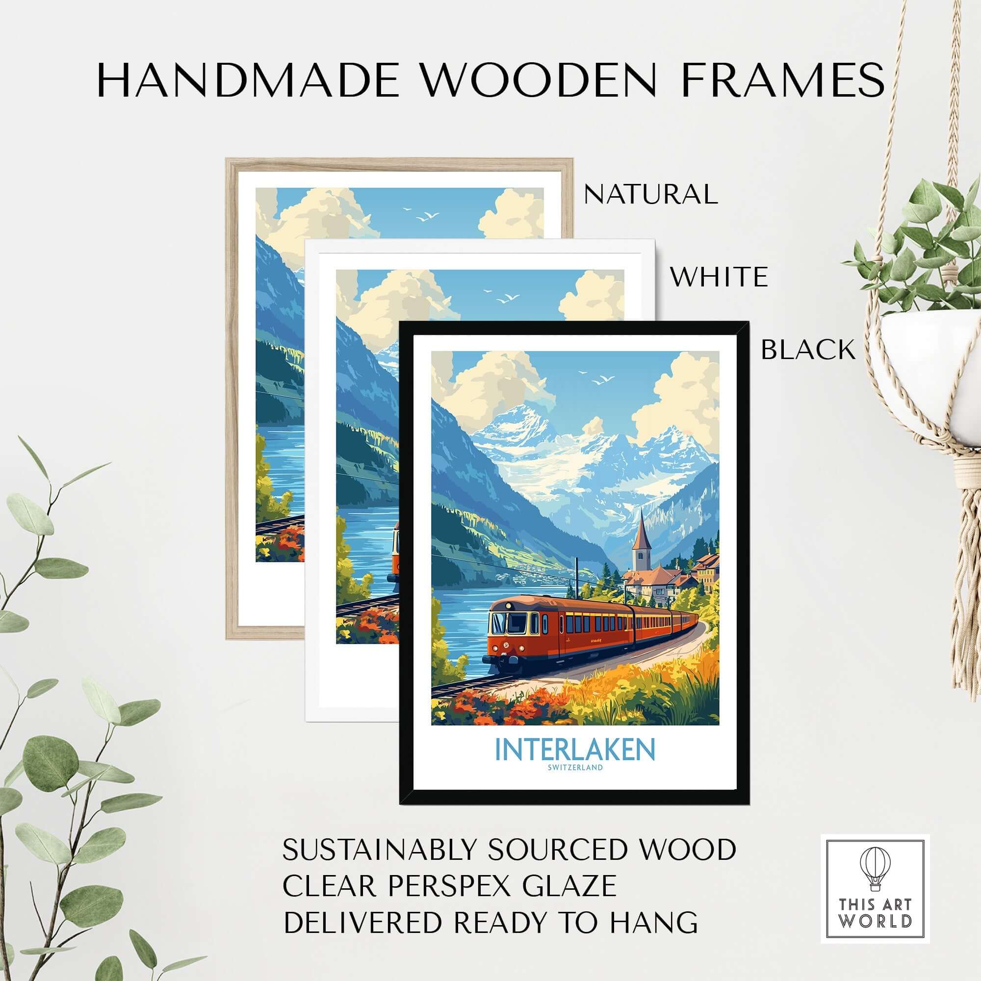 Interlaken Travel Poster displayed in handmade wooden frames: natural, white, and black options.