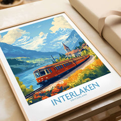 Interlaken Travel Poster featuring a scenic train view in Switzerland's beautiful landscapes.