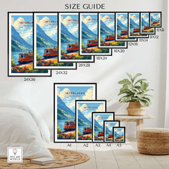 Interlaken Travel Print size guide showcasing different framed print options featuring scenic mountain design.