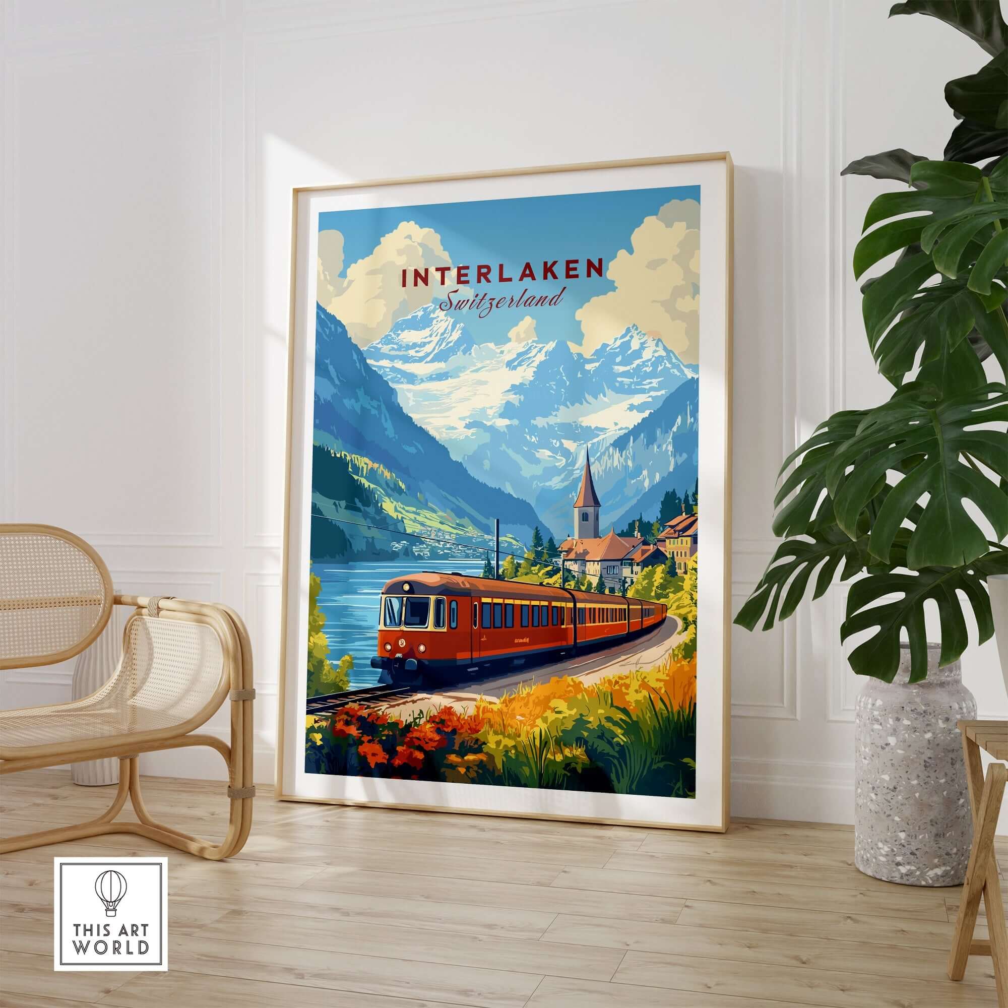 Interlaken Travel Print showcasing a train near the serene mountains and picturesque landscape of Interlaken.