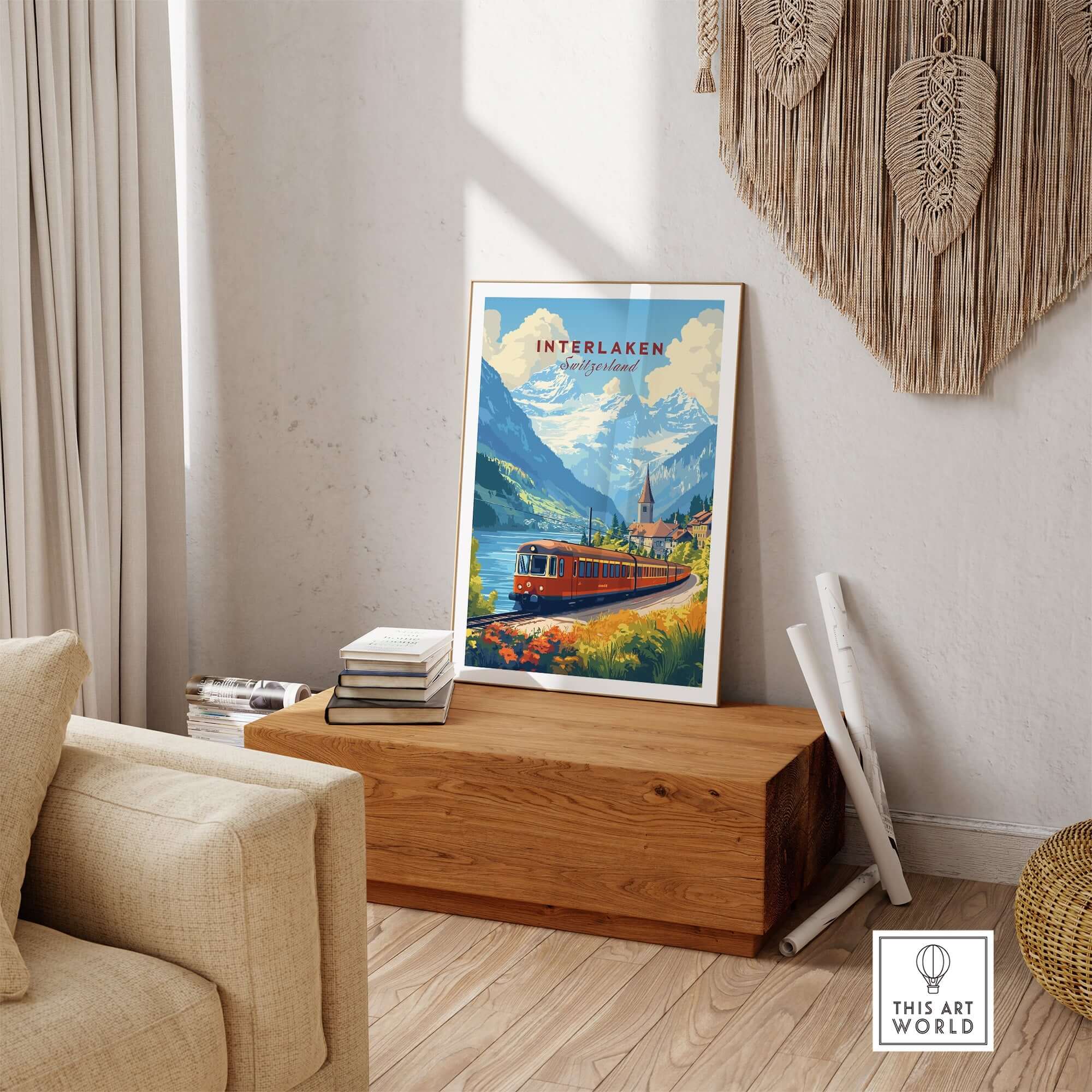 Interlaken Travel Print showcasing a scenic view with a train surrounded by mountains and greenery.