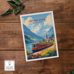 Interlaken Travel Print featuring a scenic train journey through picturesque mountains and valleys in Switzerland.