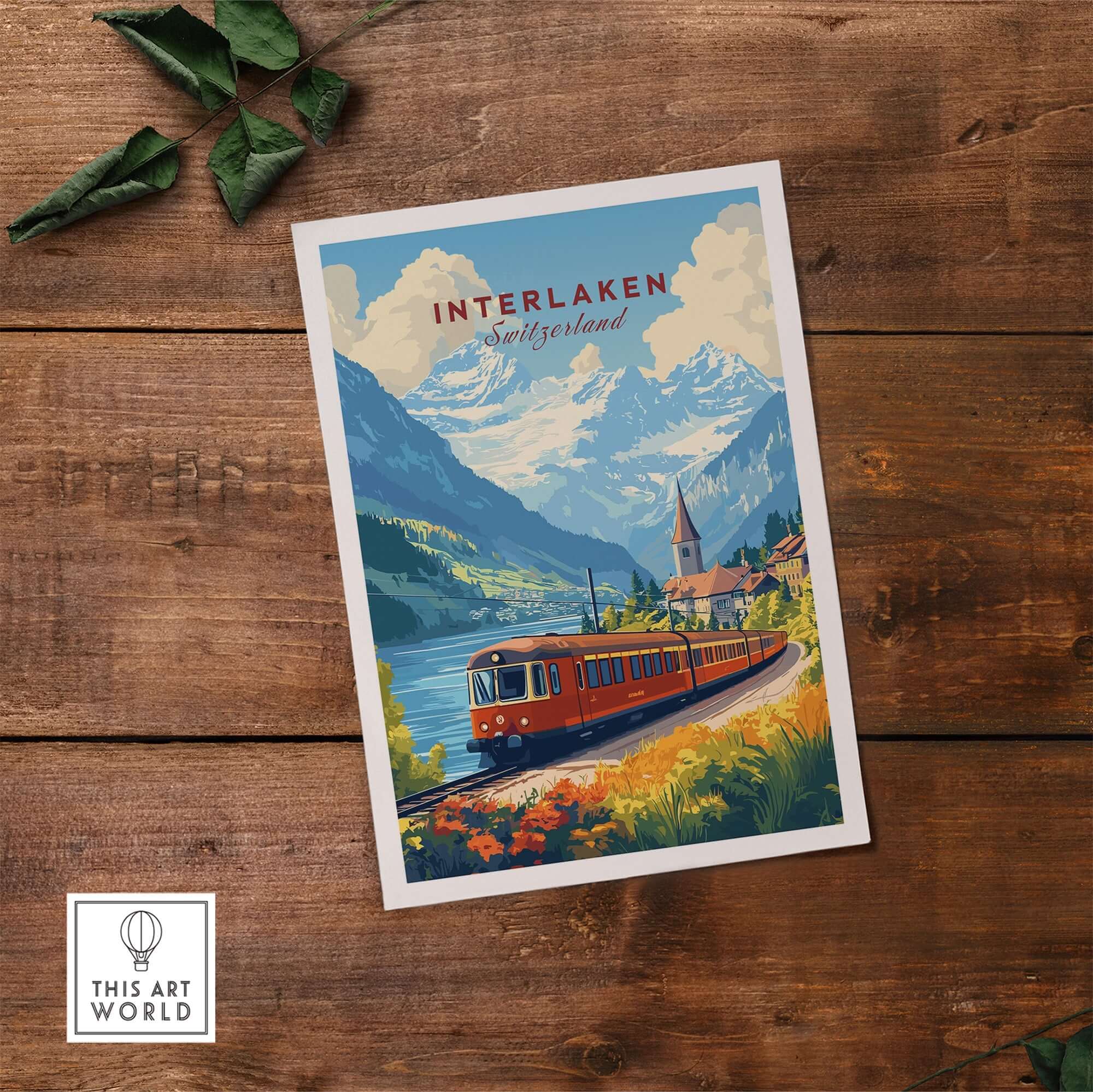 Interlaken Travel Print featuring a scenic train journey through picturesque mountains and valleys in Switzerland.