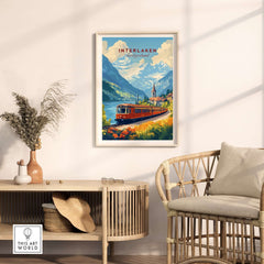 Interlaken Travel Print featuring a scenic train view in a cozy room setting.
