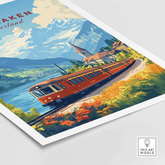 Interlaken Travel Print featuring a scenic train route through picturesque landscapes in Switzerland.