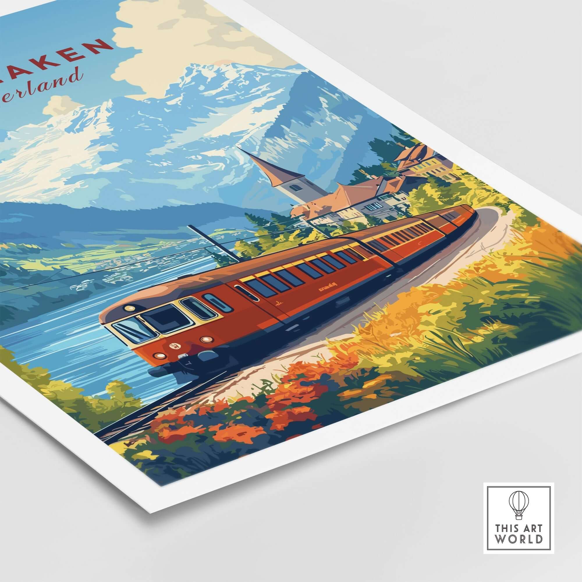 Interlaken Travel Print featuring a scenic train route through picturesque landscapes in Switzerland.