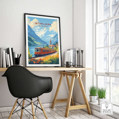 Interlaken Travel Print featuring a scenic train in a picturesque landscape on a stylish desk.