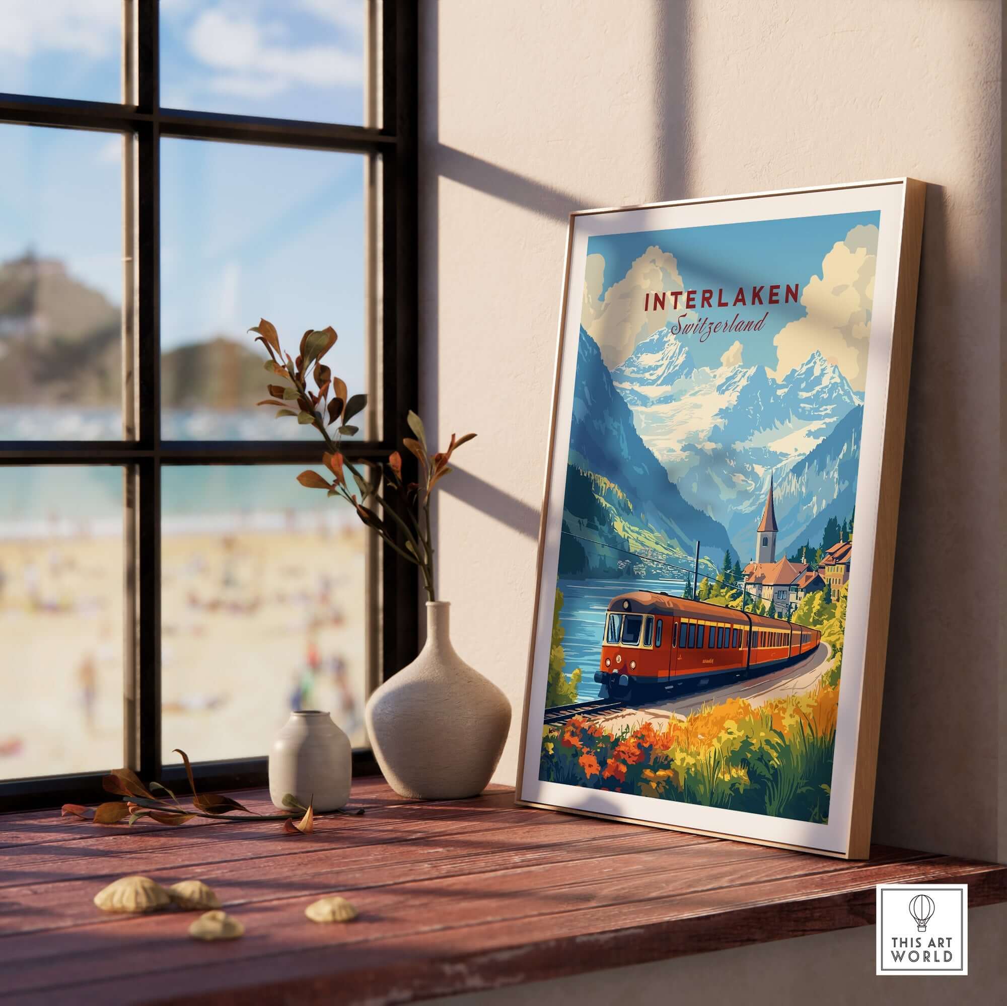 Interlaken Travel Print showcasing a scenic view with a charming train in the picturesque landscapes of Interlaken.