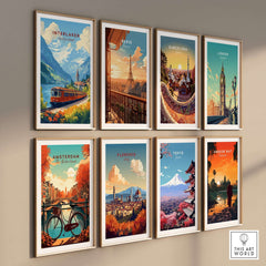 Interlaken Travel Print displayed among various travel-themed art prints on a gallery wall.