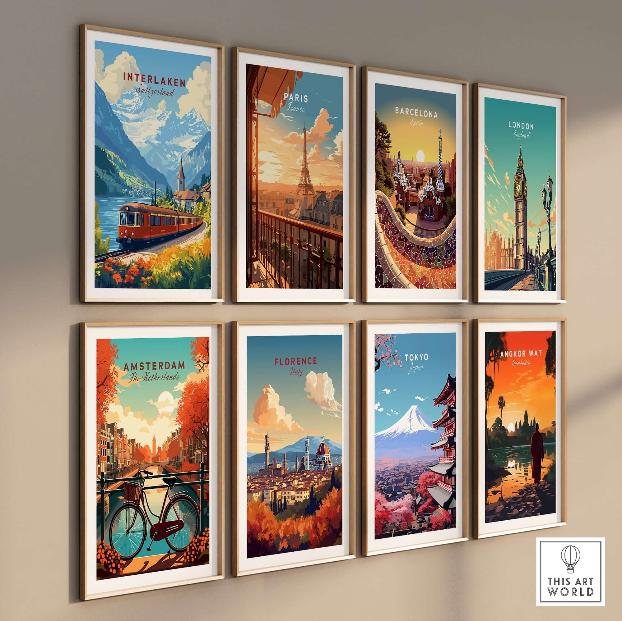 Interlaken Travel Print displayed among various travel-themed art prints on a gallery wall.