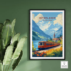 Interlaken Travel Print featuring a scenic train journey through the beautiful landscape of Switzerland.