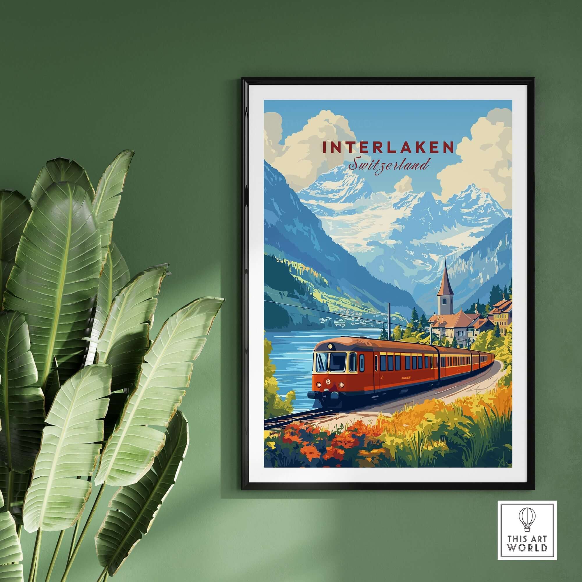 Interlaken Travel Print featuring a scenic train journey through the beautiful landscape of Switzerland.