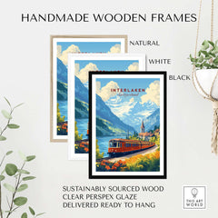 Handmade wooden frames for Interlaken Travel Print in natural, white, and black colors.