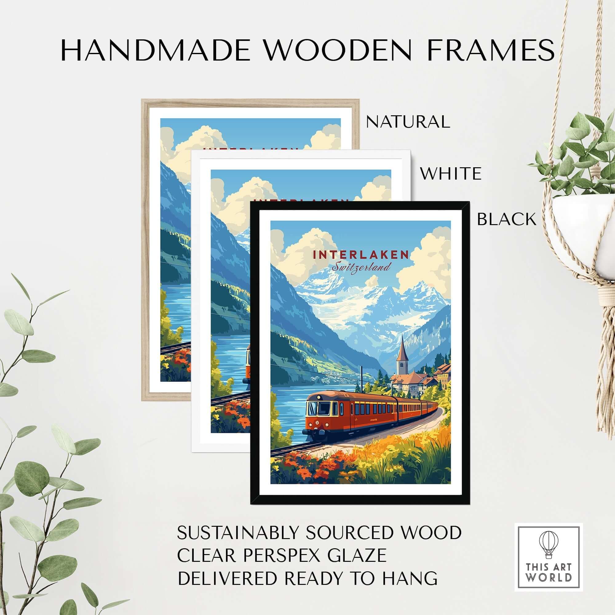 Handmade wooden frames for Interlaken Travel Print in natural, white, and black colors.