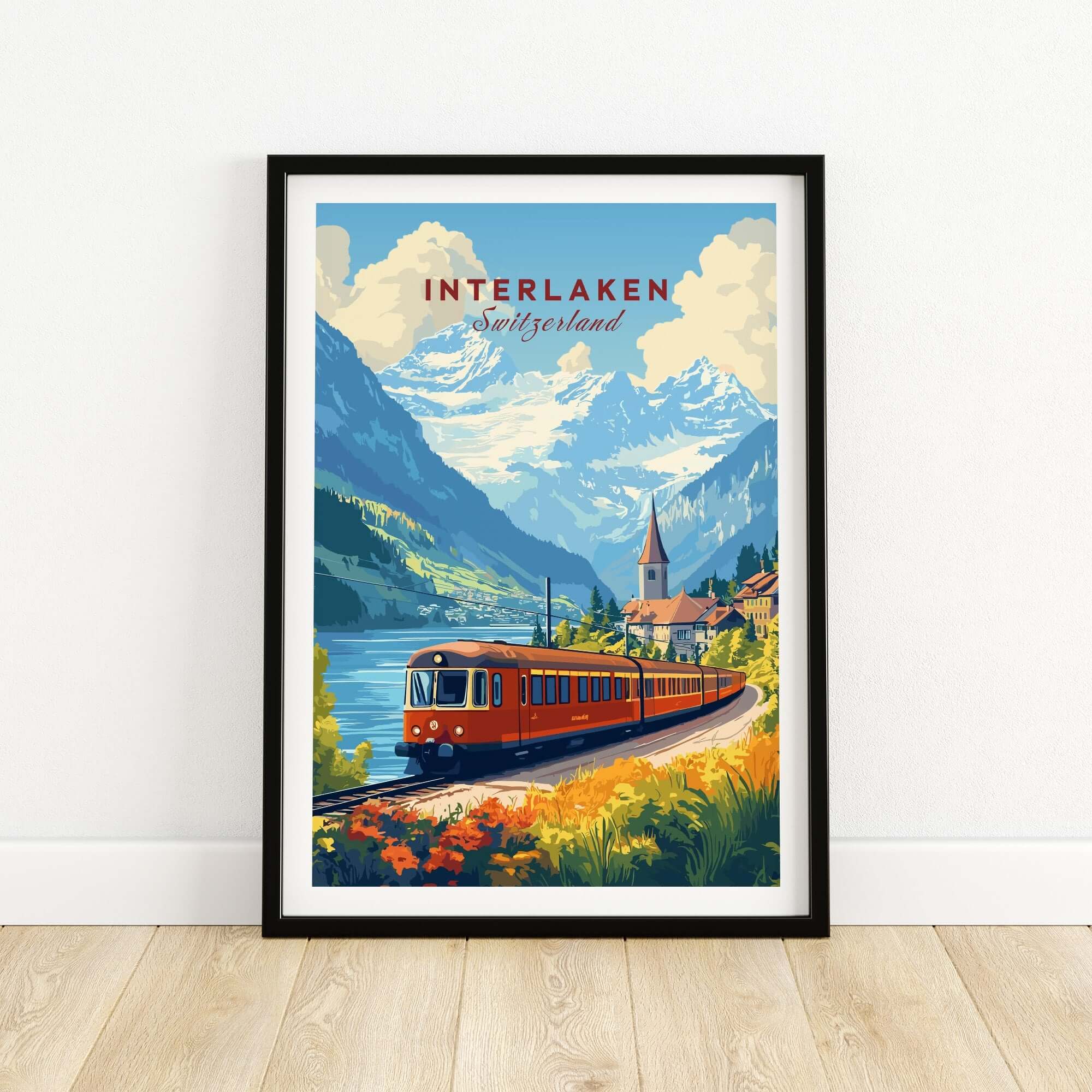 Interlaken Travel Print featuring scenic mountains and a charming train in Switzerland.