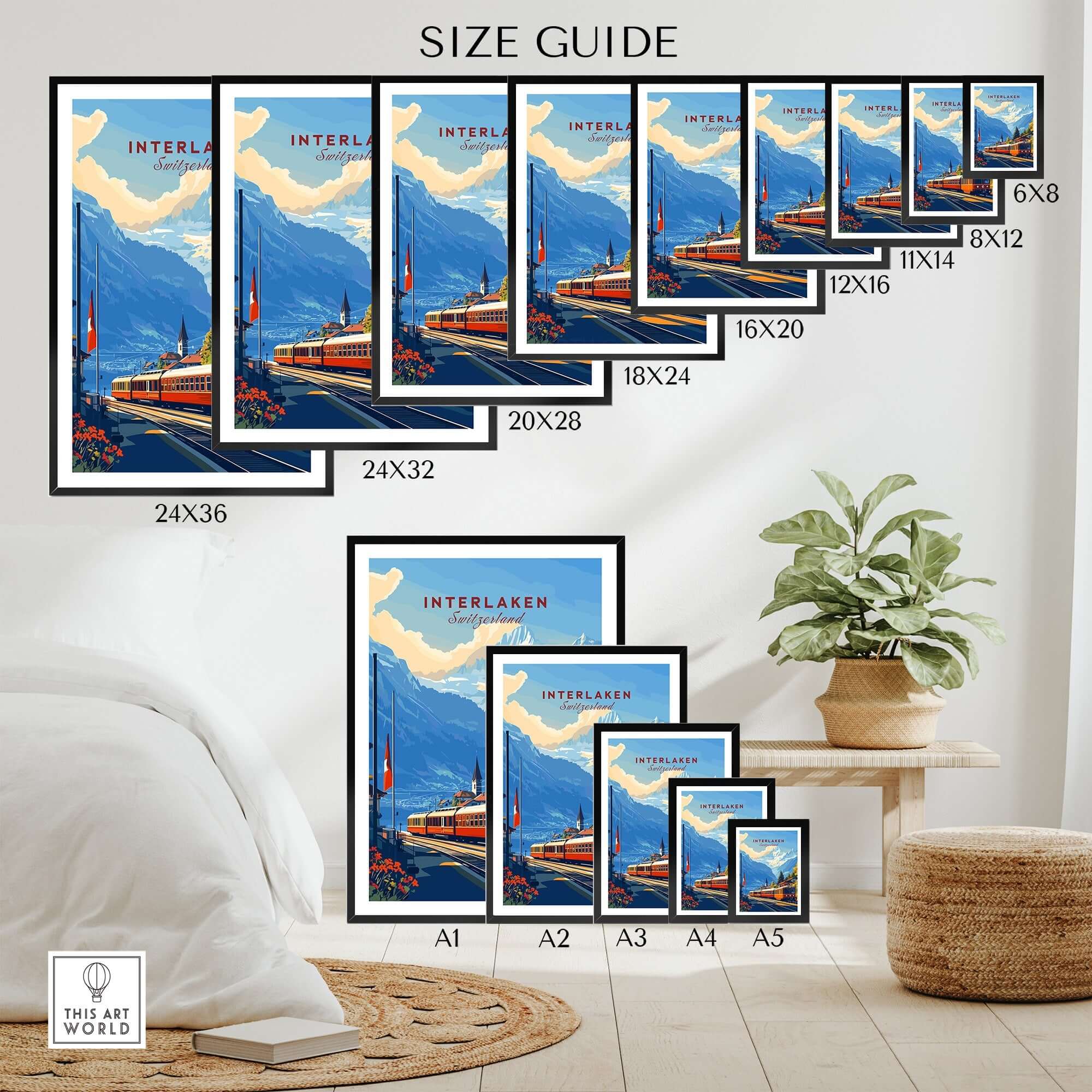 Interlaken Wall Art Size Guide showcasing various sizes of the Interlaken Wall Art for home decor.