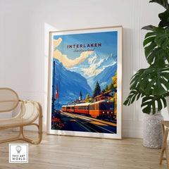 Interlaken Wall Art featuring a colorful train and Swiss mountains, perfect for home decor.