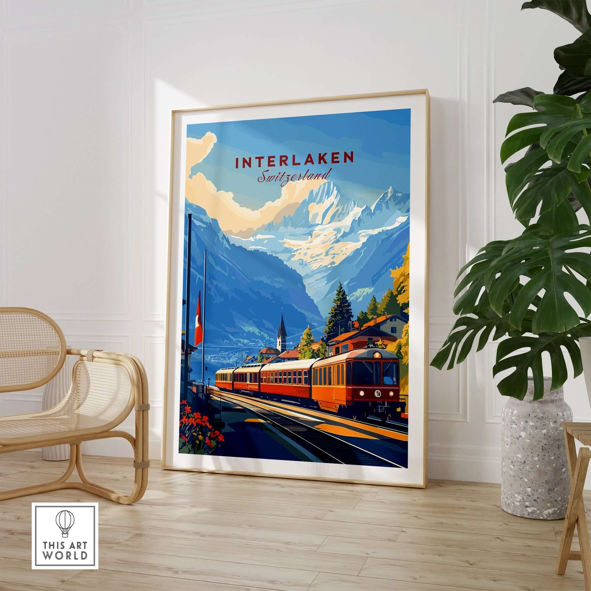 Interlaken Wall Art featuring a colorful train and Swiss mountains, perfect for home decor.