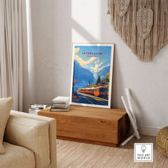 Interlaken Wall Art showcasing a vibrant train scene against Swiss mountains, perfect for enhancing home decor.