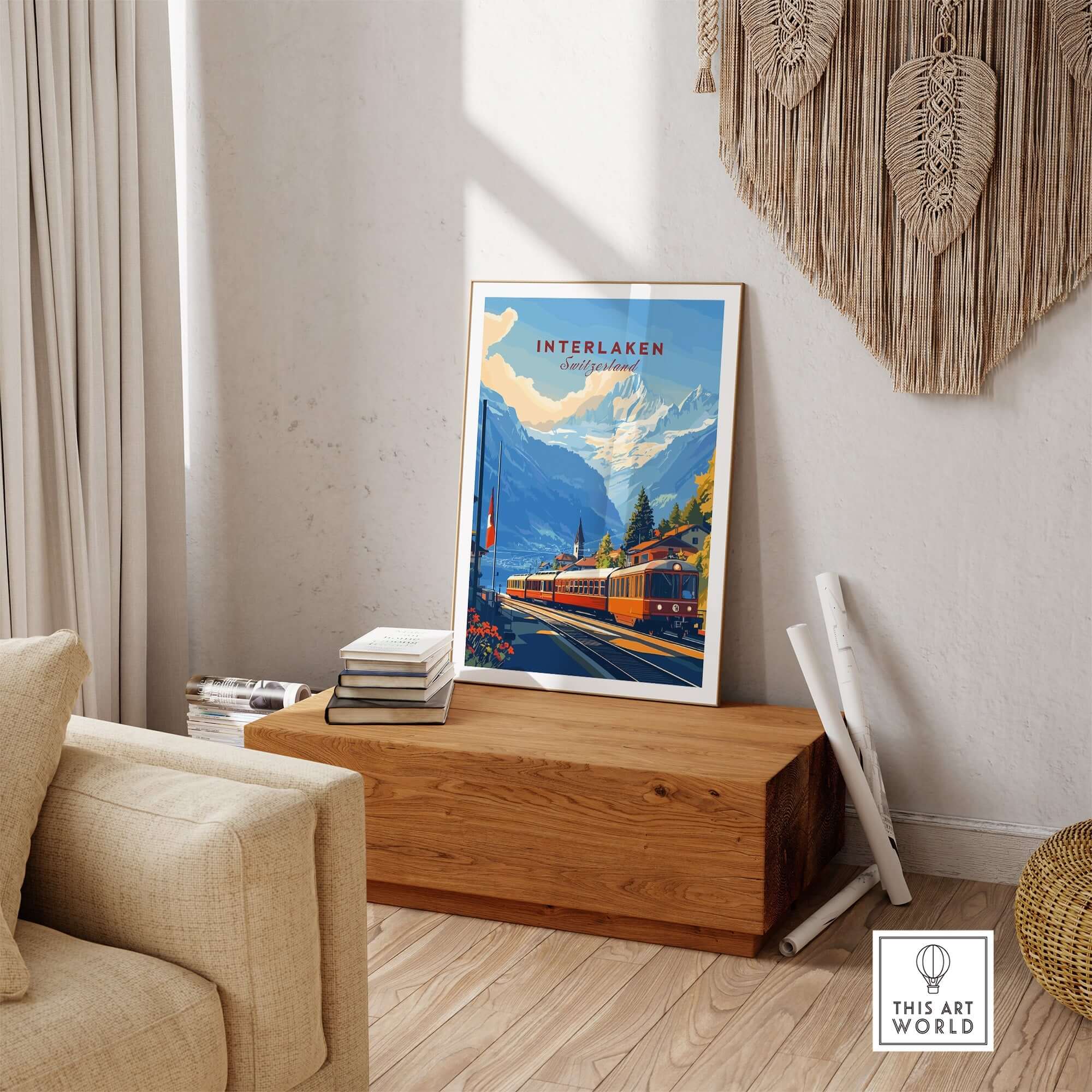 Interlaken Wall Art showcasing a vibrant train scene against Swiss mountains, perfect for enhancing home decor.