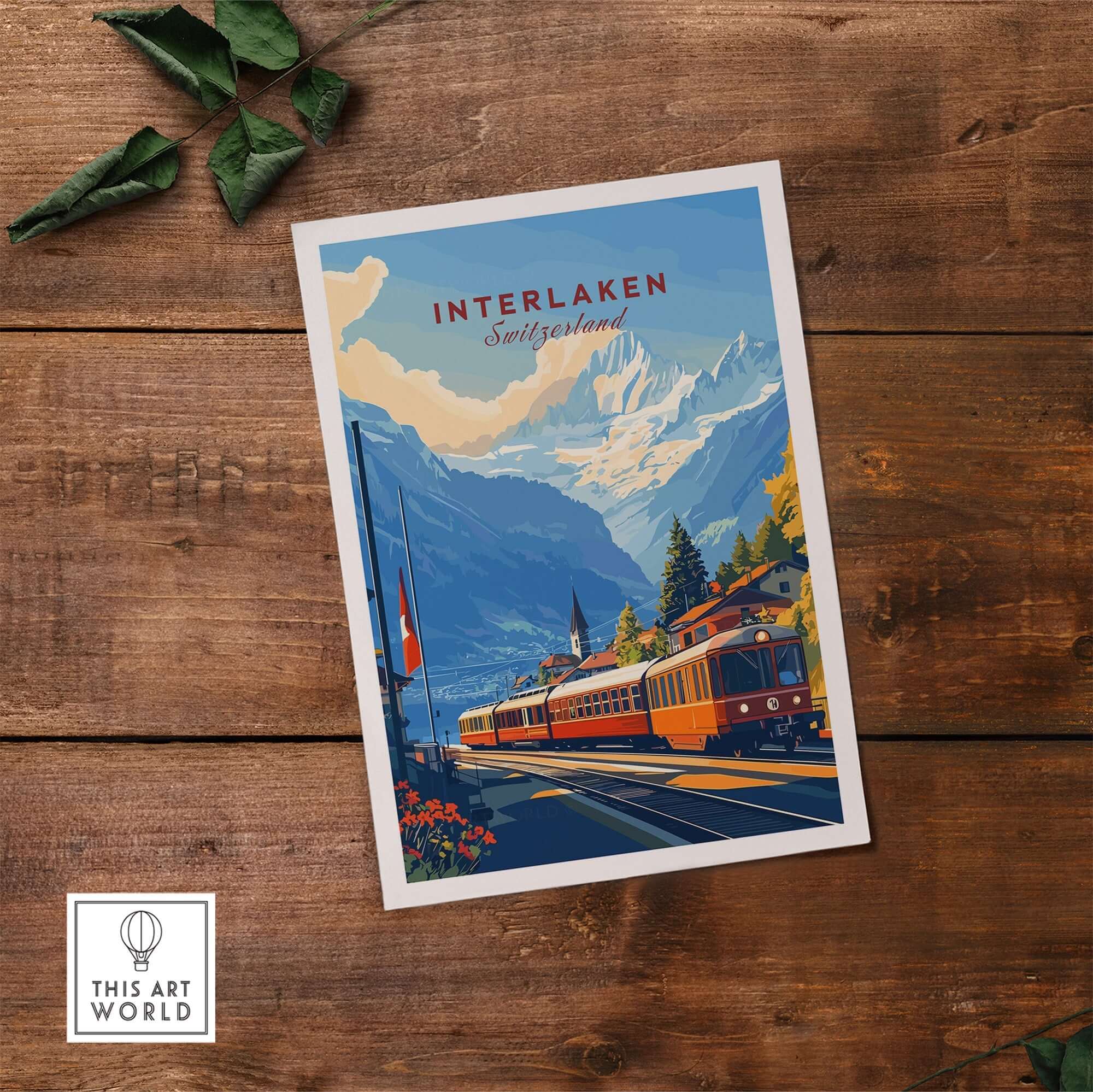 Interlaken Wall Art featuring a vintage train scene with mountains and greenery, perfect for home decor.