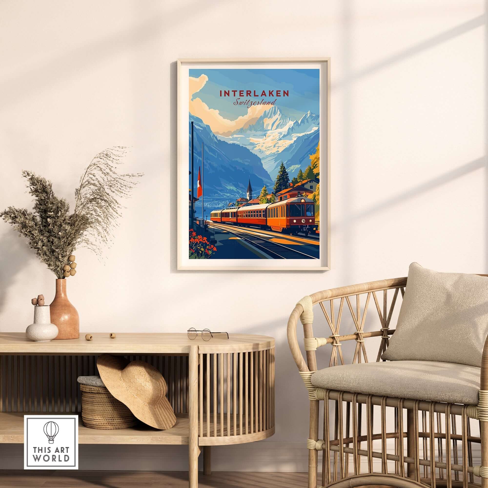 Interlaken Wall Art featuring a stunning train scene in a beautiful Switzerland landscape.