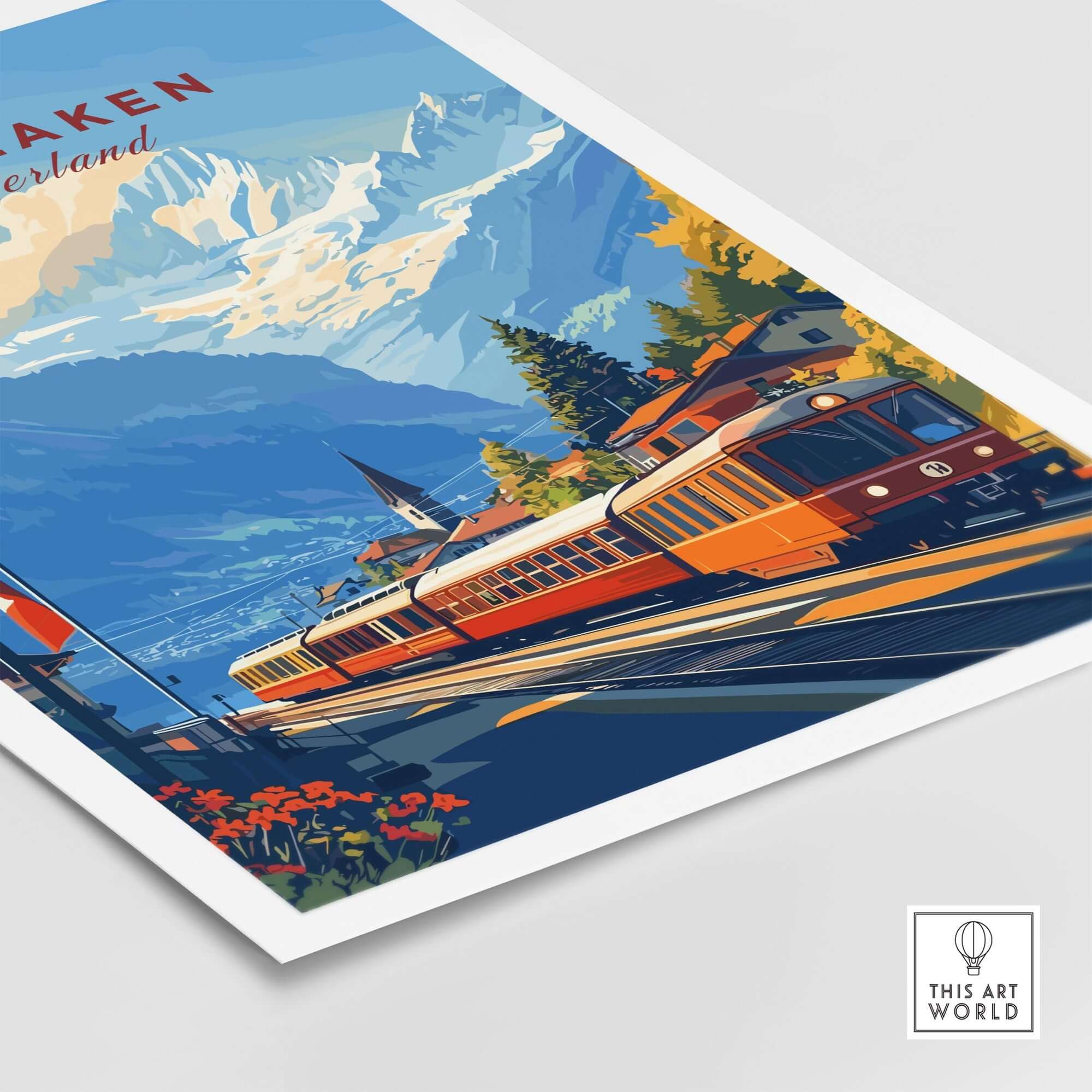 Interlaken Wall Art showcasing a scenic train in Switzerland with mountains and vibrant colors.