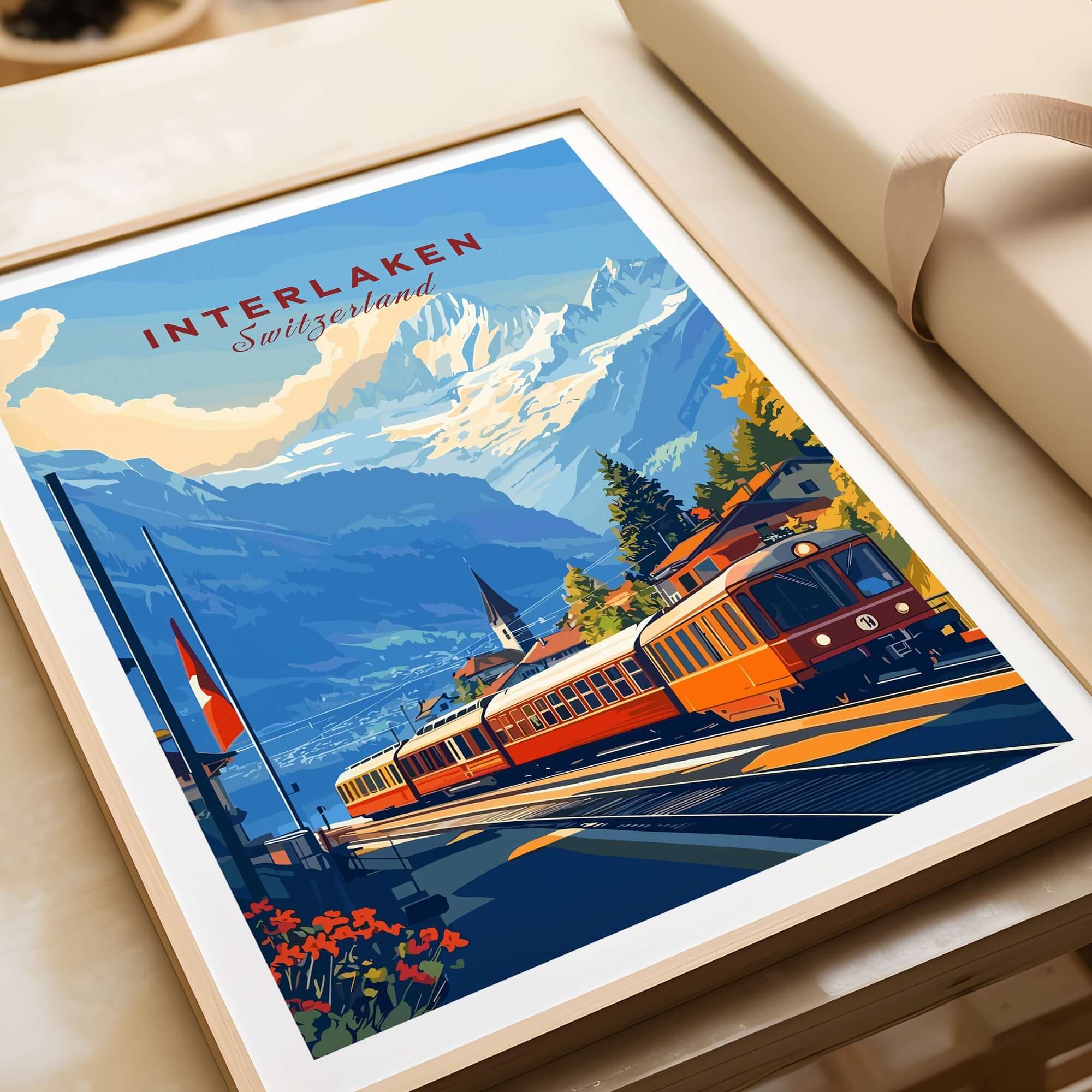 Interlaken Wall Art featuring a scenic train illustration in Switzerland's beautiful landscape.