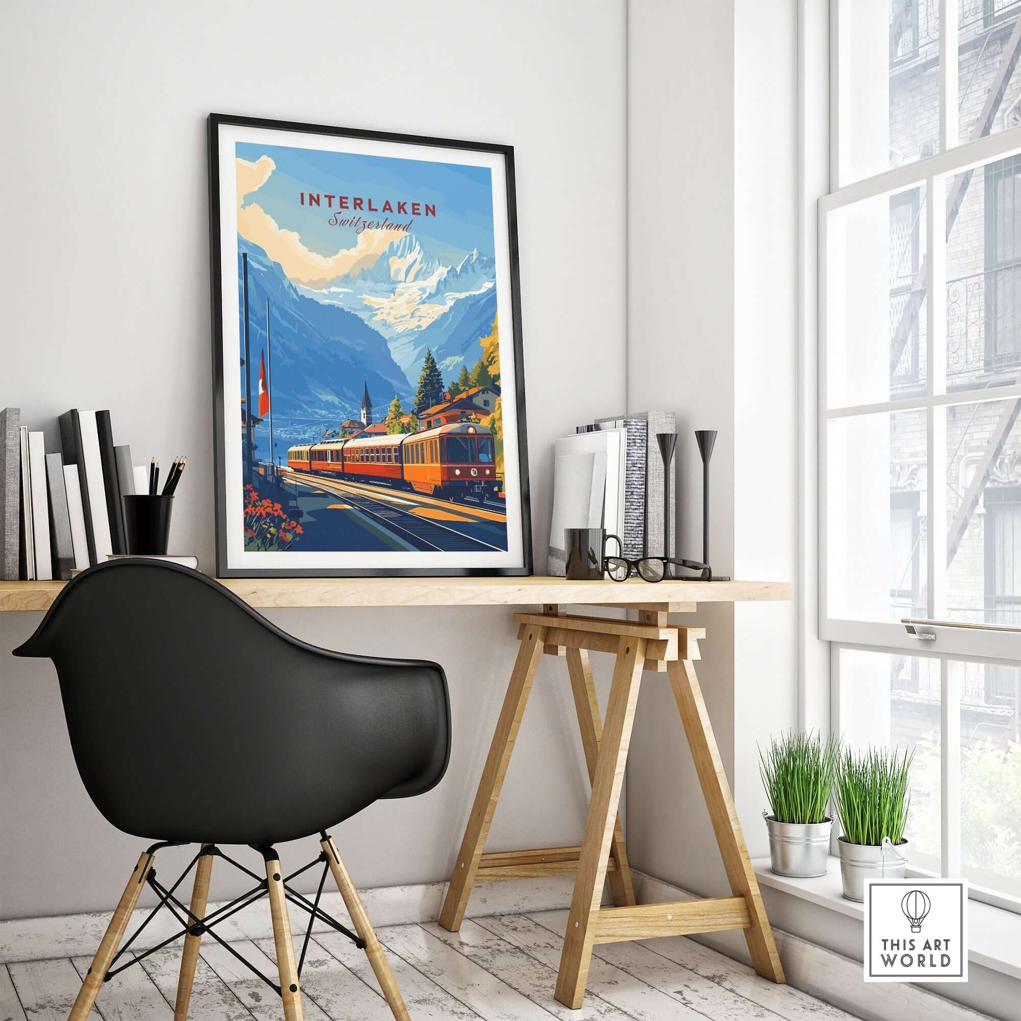 Interlaken Wall Art displayed in a cozy workspace, enhancing home decor with a scenic Swiss landscape.