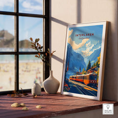 Interlaken Wall Art showcasing a vibrant train scene and mountains, perfect for enhancing home decor.