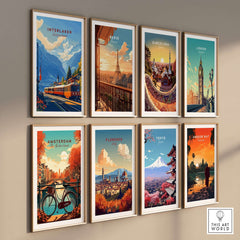Interlaken Wall Art showcasing beautiful travel posters, including Interlaken, Paris, and Barcelona, for stylish home decor.