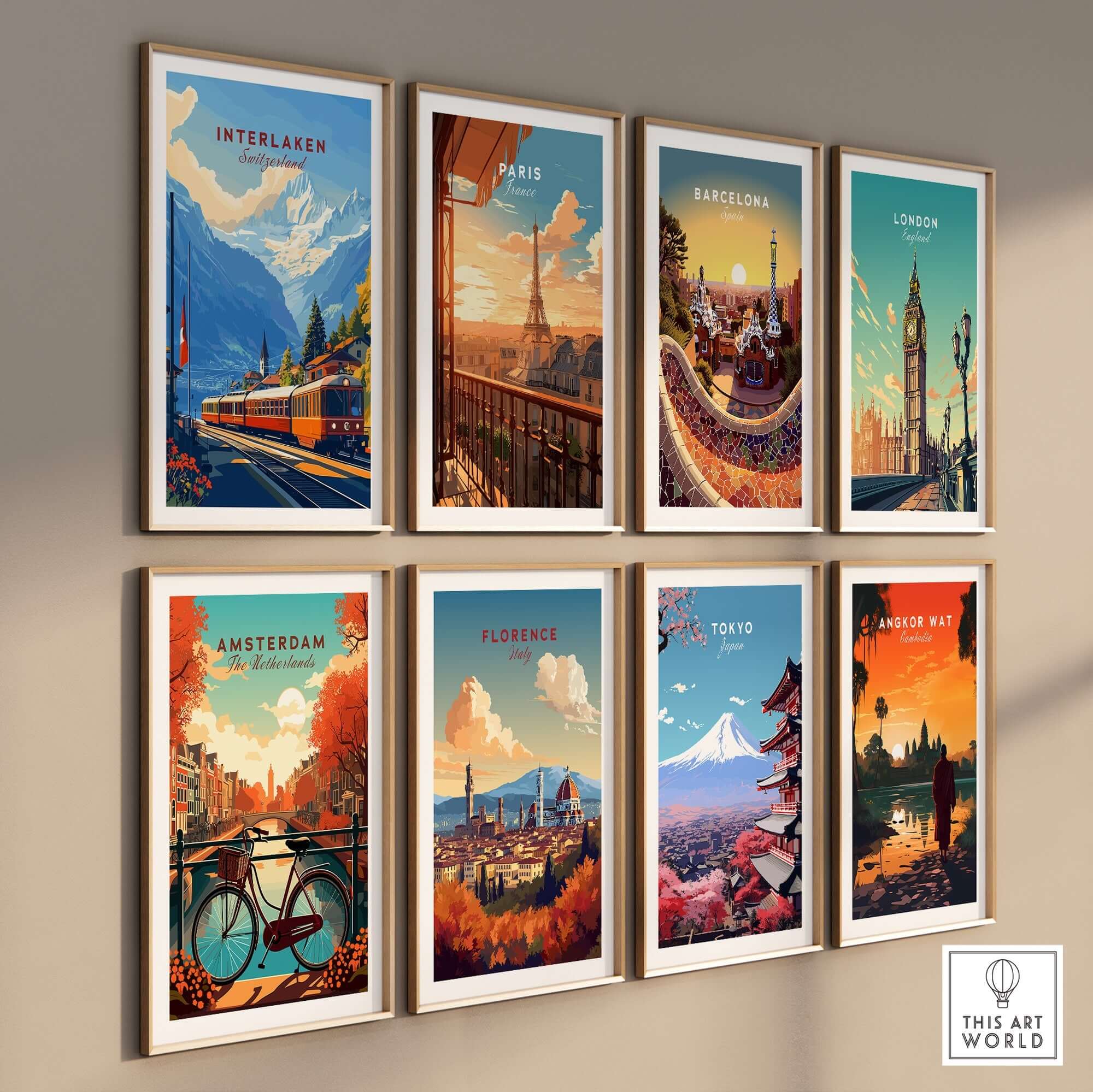 Interlaken Wall Art showcasing beautiful travel posters, including Interlaken, Paris, and Barcelona, for stylish home decor.