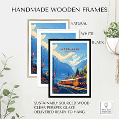 Handmade wooden frames for Interlaken Wall Art in natural, white, and black options, sustainably sourced and ready to hang.