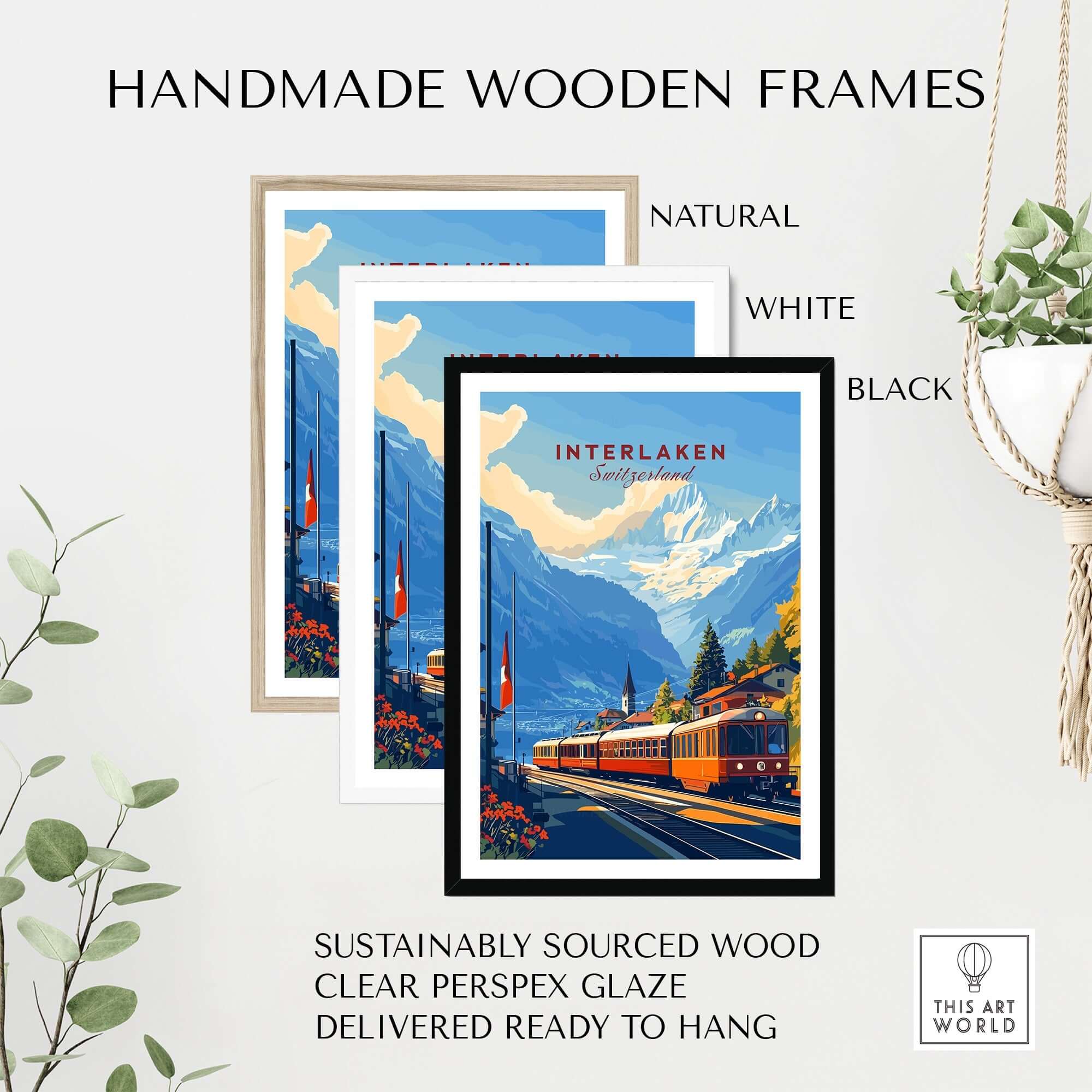 Handmade wooden frames for Interlaken Wall Art in natural, white, and black options, sustainably sourced and ready to hang.