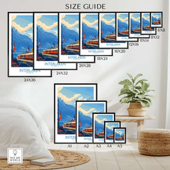 Size guide for Interlaken Wall Art Print in various dimensions displayed in a cozy room setting.