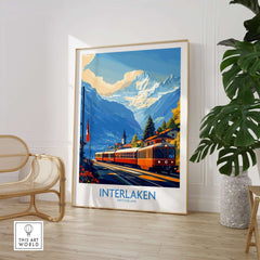 Interlaken Wall Art Print showcasing Swiss scenery with vibrant colors and mountain backdrop.