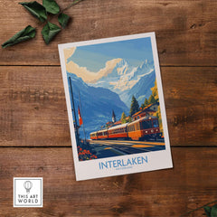 Interlaken Wall Art Print showcasing scenic Swiss Alps and vintage trains against a vibrant color backdrop.
