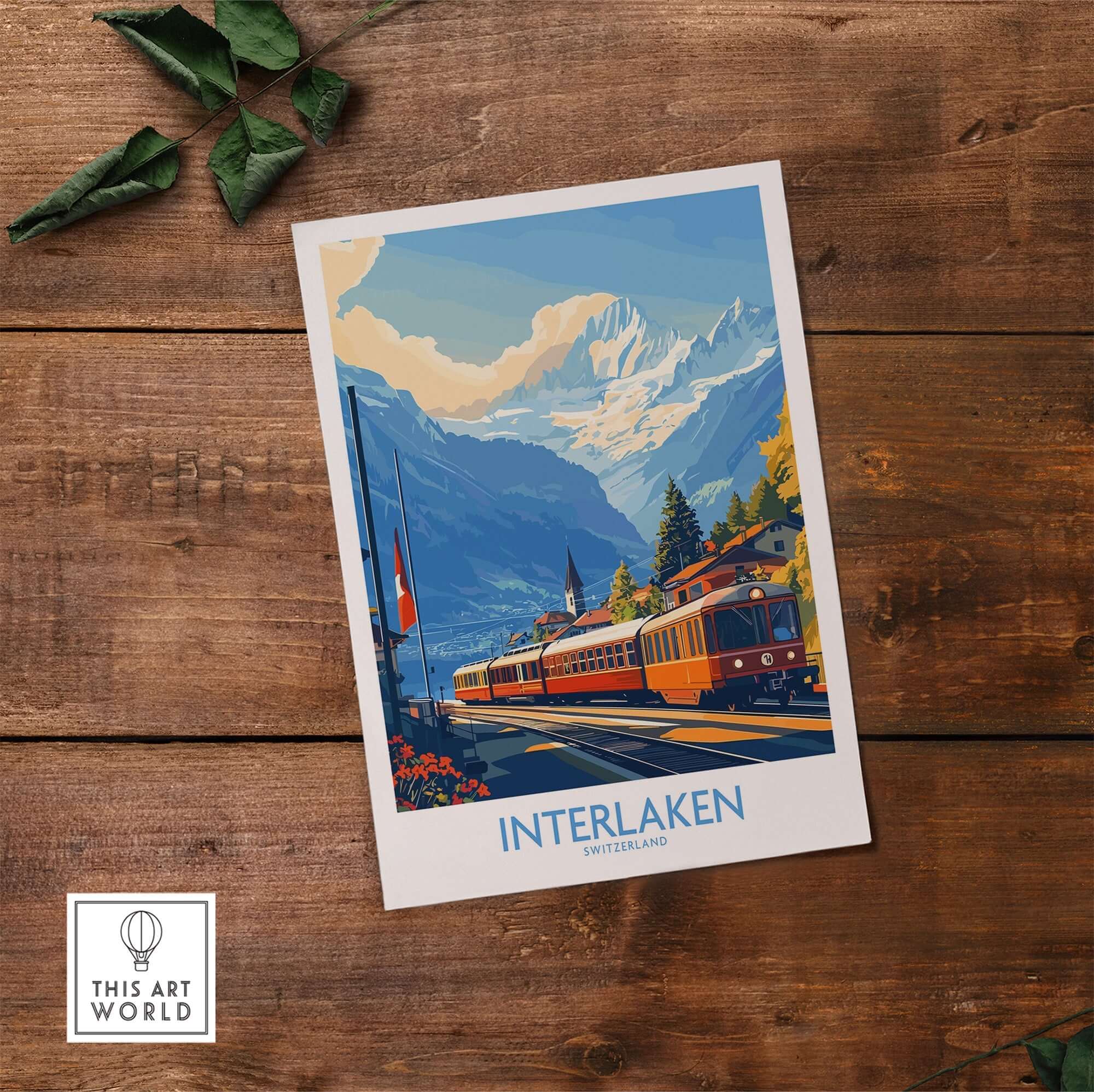 Interlaken Wall Art Print showcasing scenic Swiss Alps and vintage trains against a vibrant color backdrop.